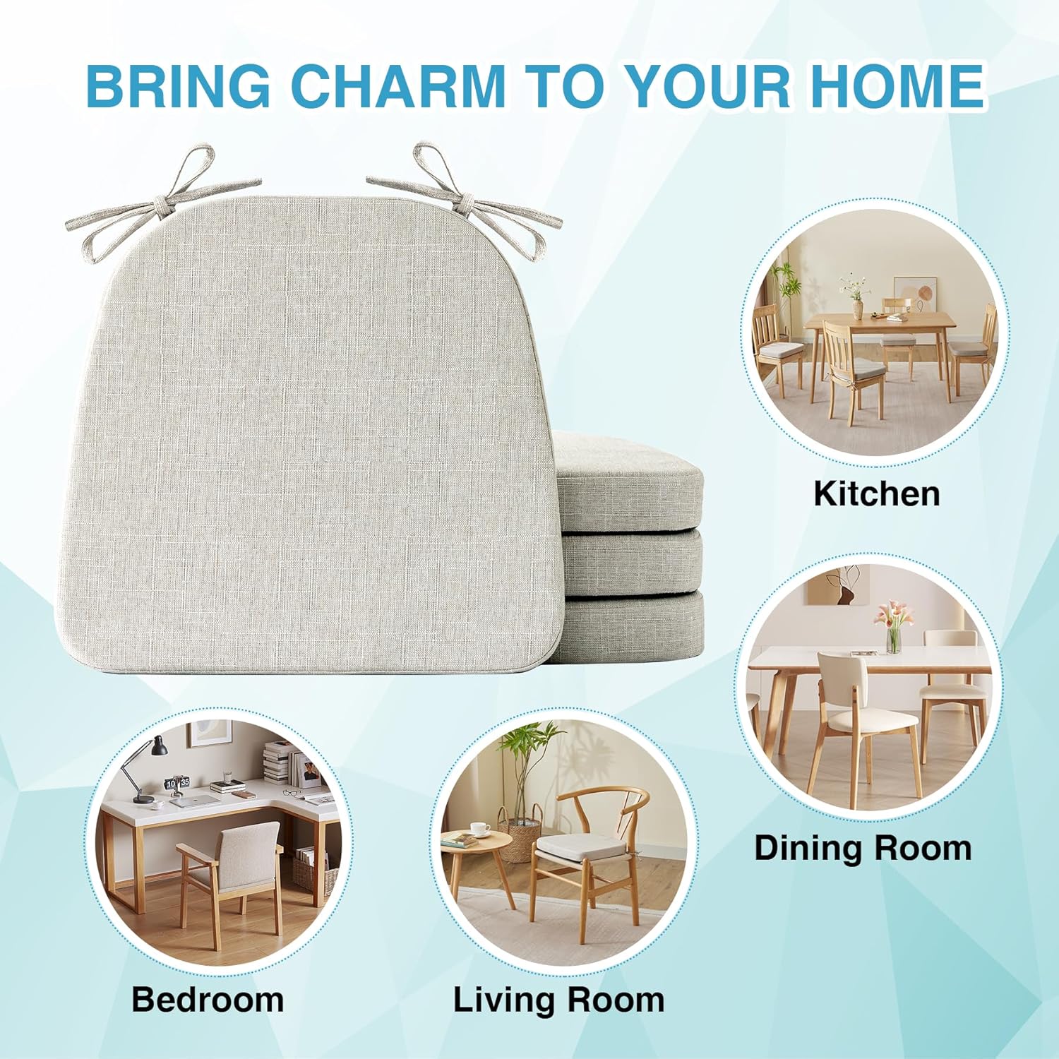 IASEAHK Chair Cushions for Dining Chairs Set of 4, Non Slip Kitchen Chair Pads, 17" x 16" x 2", Indoor Dining Chair Cushions with Ties, D-Shaped Seat Cushions for Kitchen Chairs, Beige