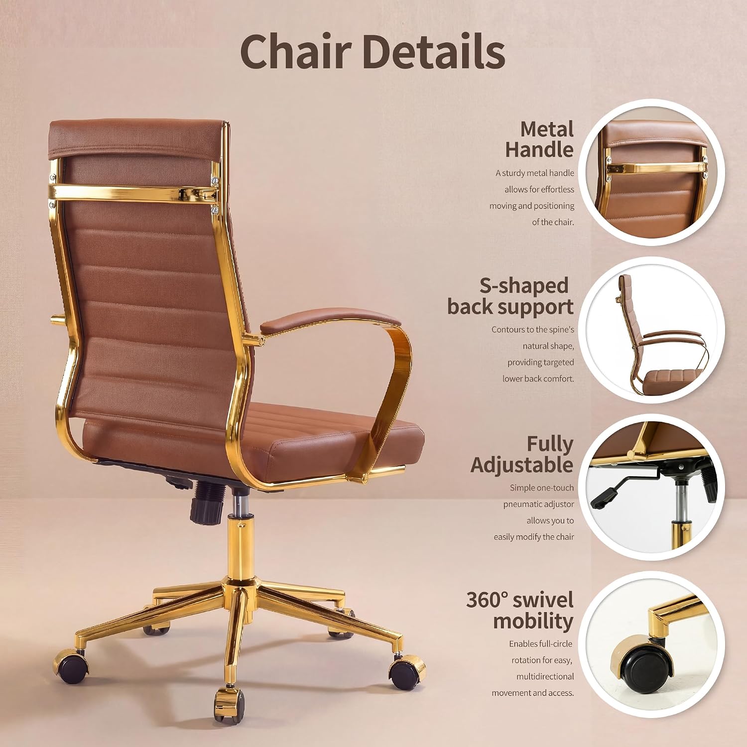 Okeysen Gold Office Desk Chair, Ergonomic Leather Modern Conference Room Chairs, Executive Ribbed Height Adjustable Swivel Rolling Golden Chair for Home Office.