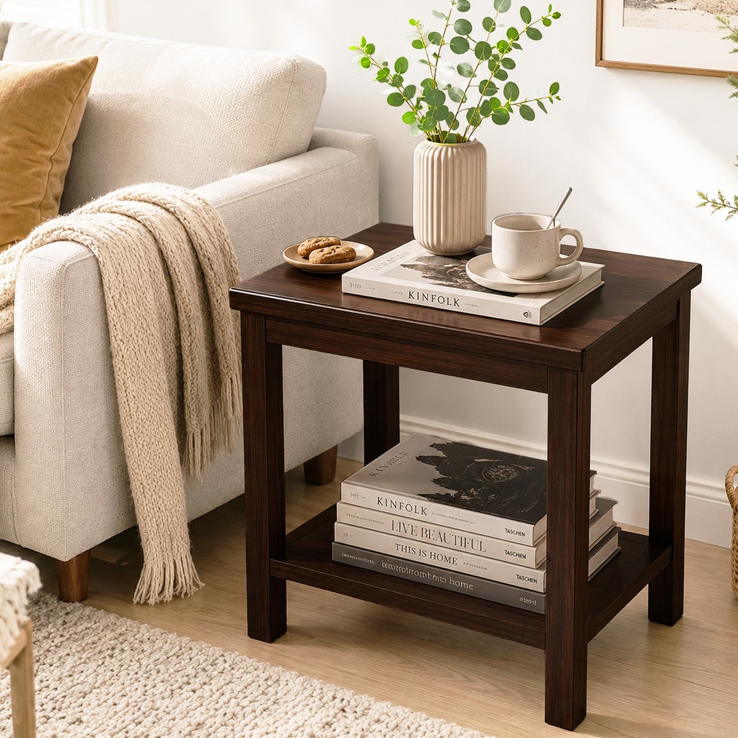 YUNMUARIY-Living Room Side Table,Walnut End Tables,Wood Side Table,Small Square Table for Small Space,13.77 Inches Wide Farmhouse End Tables for Hallway,Bedroom,Corners,Easy Assembly.