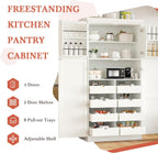 71 Inch Kitchen Pantry Cabinet with Pull-Out Trays, White | White P2 MDF, kitchen or dining room, door shelves, adjustable shelf, freestanding design, 17.6 in D, 35.5 in W