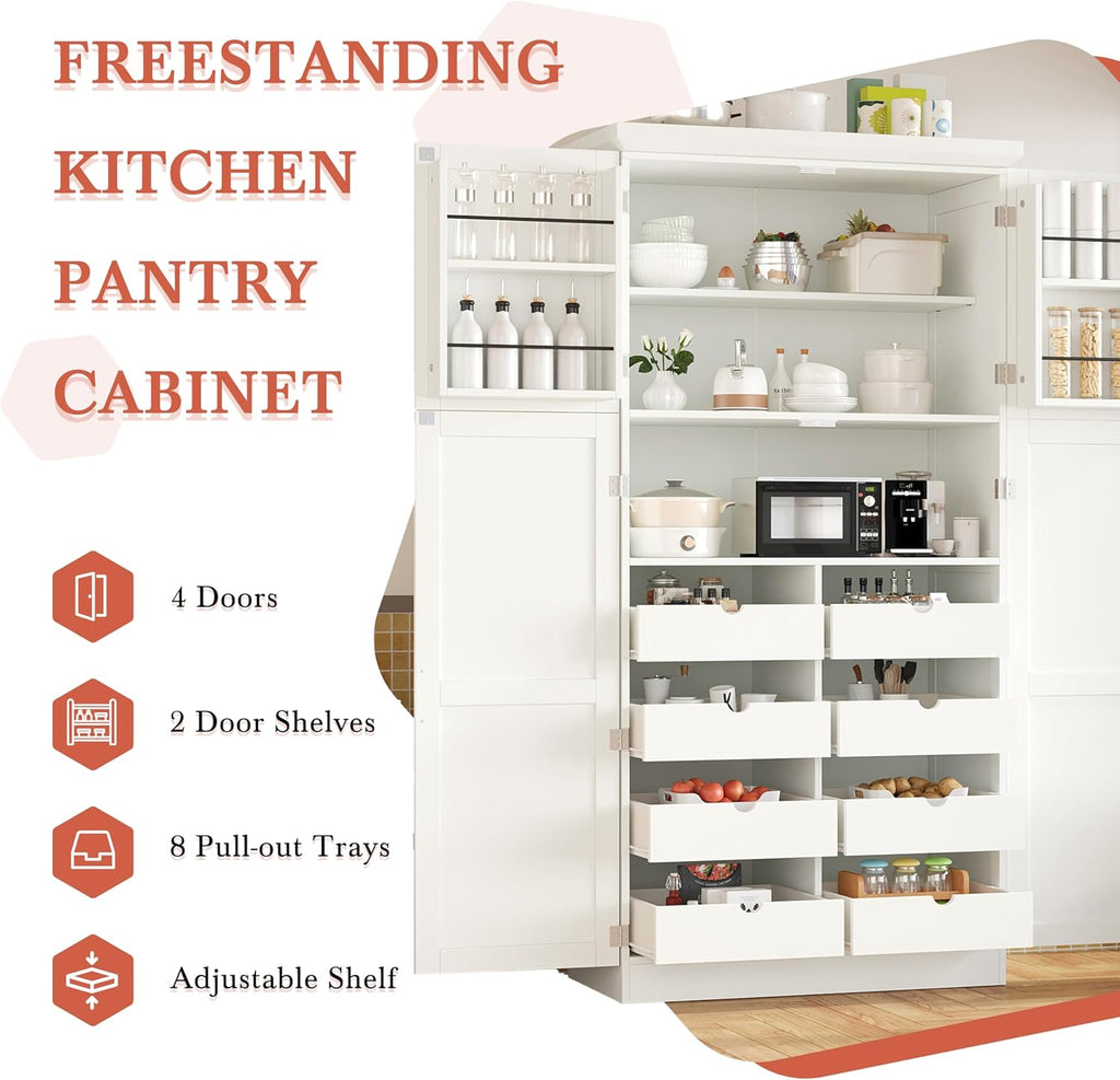 70.9" Tall Freestanding Kitchen Pantry Cabinet with 4 Doors, Large Wooden Kitchen Organizers Storage Cabinet with 8 Pull-Out Trays and 2 Door Shelves for Dining Room, White