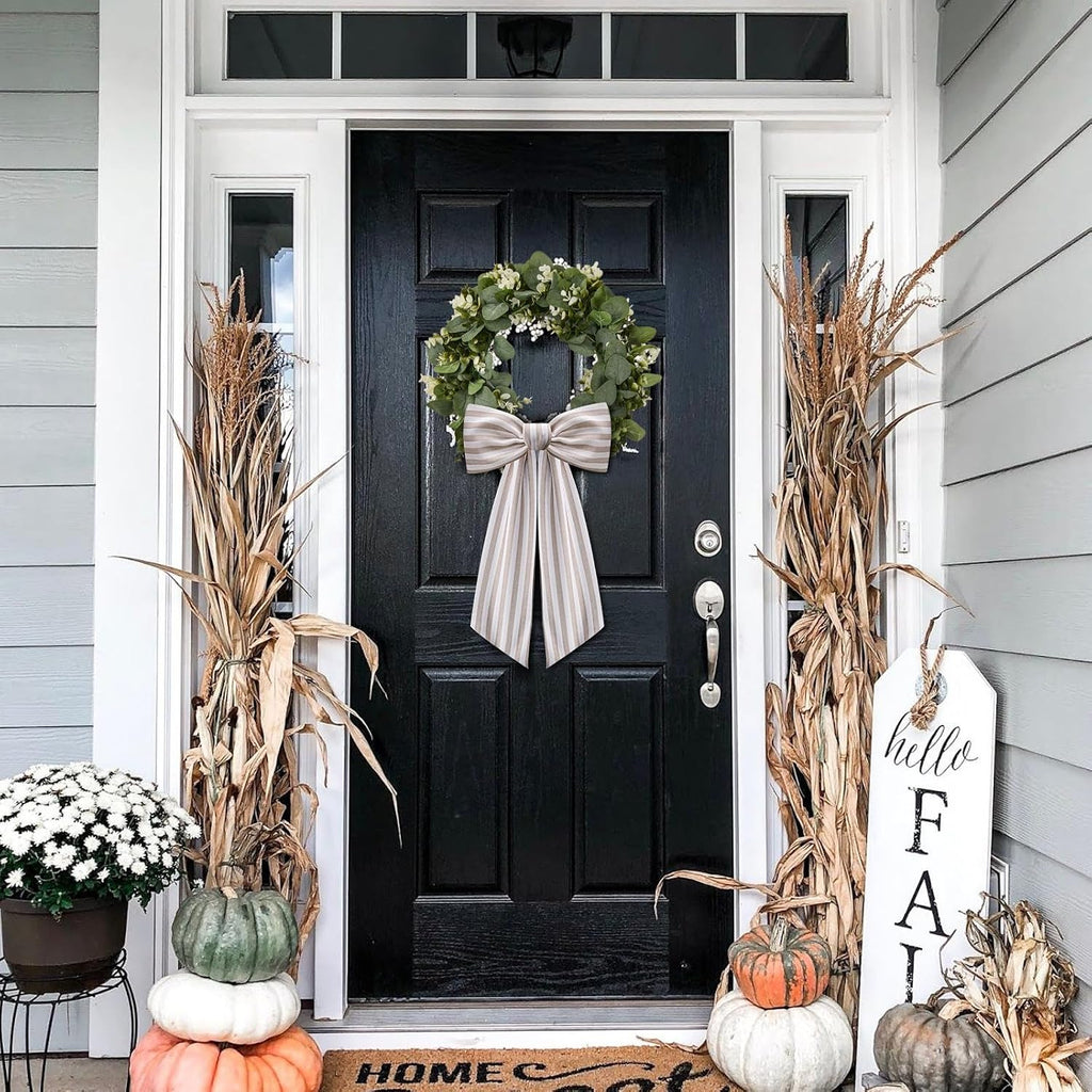 2 Pack Wreath Sash for Front Door Stripe Boxwood Sash Garland Porch Decor Wreath Accessories (Beige and White Stripe)