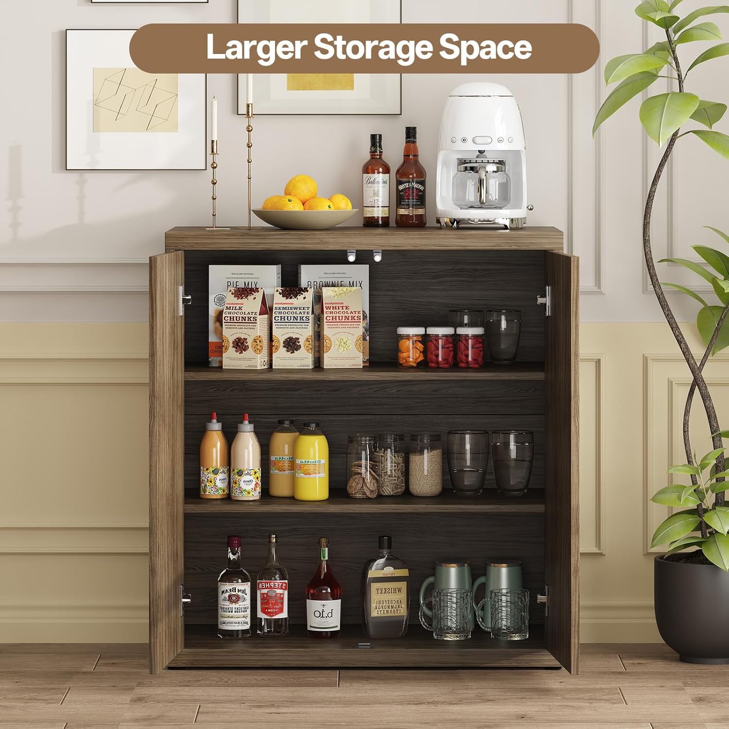 Airynee 31” Sideboard Cabinet with Storage, Fluted Accent Cabinet with Adjustable Shelves, Modern Wood Credenza Cabinets with Pop-up Doors for Entryway Kitchen Living Room Hallway, Brown 3 Pcs