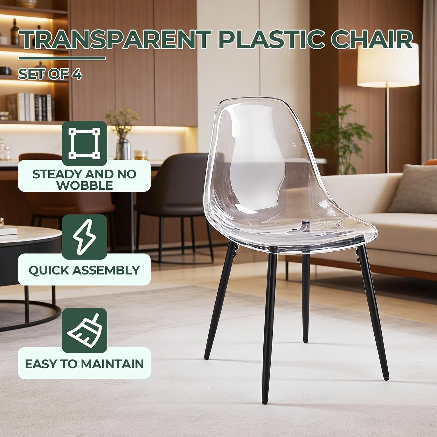 Dining Chairs Set of 4, Modern Acrylic Kitchen Chairs with Transparent Seat, Clear Kitchen Side Chairs with Metal Legs for Living Room, Counter, Dining Room, Kitchen, Reception