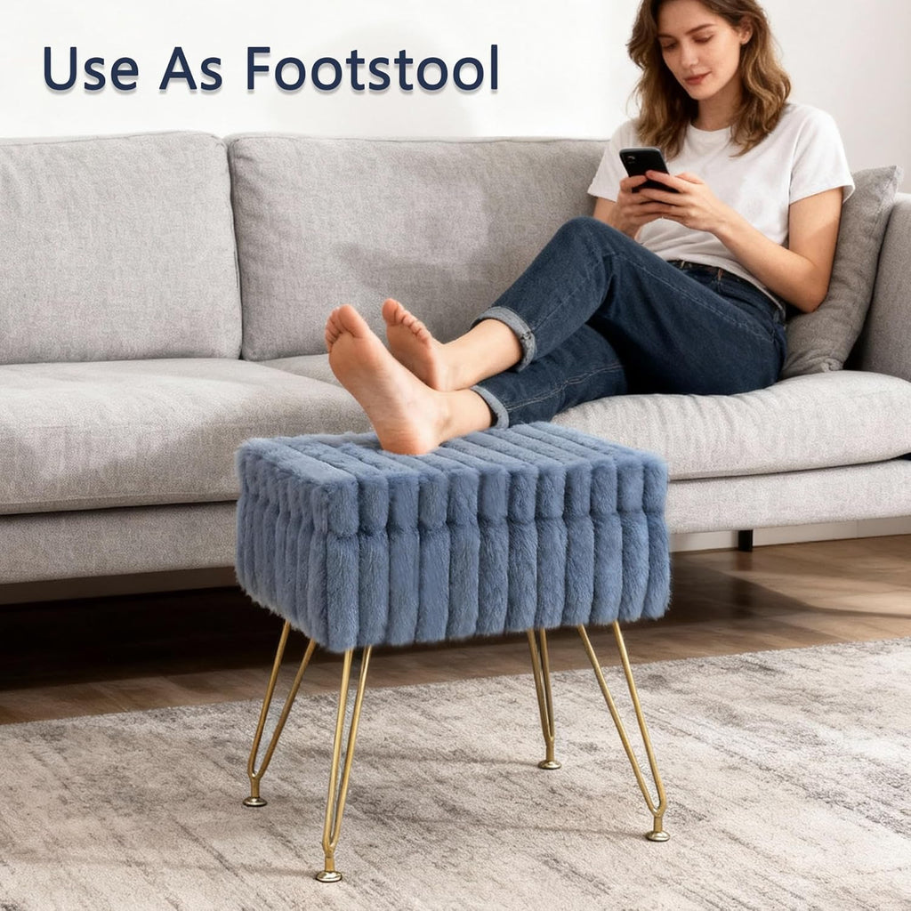 Vanity Stool Chair with Storage, Faux Fur Soft Padded Ottoman with Coffee Table, Modern Vanity Chair Fluffy Footstool with Metal Legs for Makeup, Living Room,Bedroom Blue