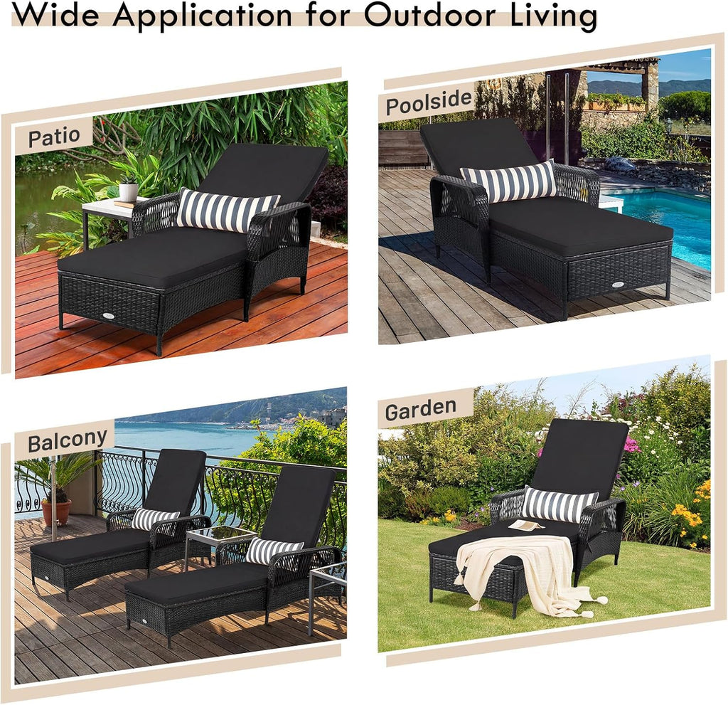 HAPPYGRILL Patio Chaise Lounge, Outdoor Rattan Wicker Recliner Chair with Thick Cushion, Lumbar Pillow, Adjustable Backrest for Garden Porch Lawn Poolside (1)