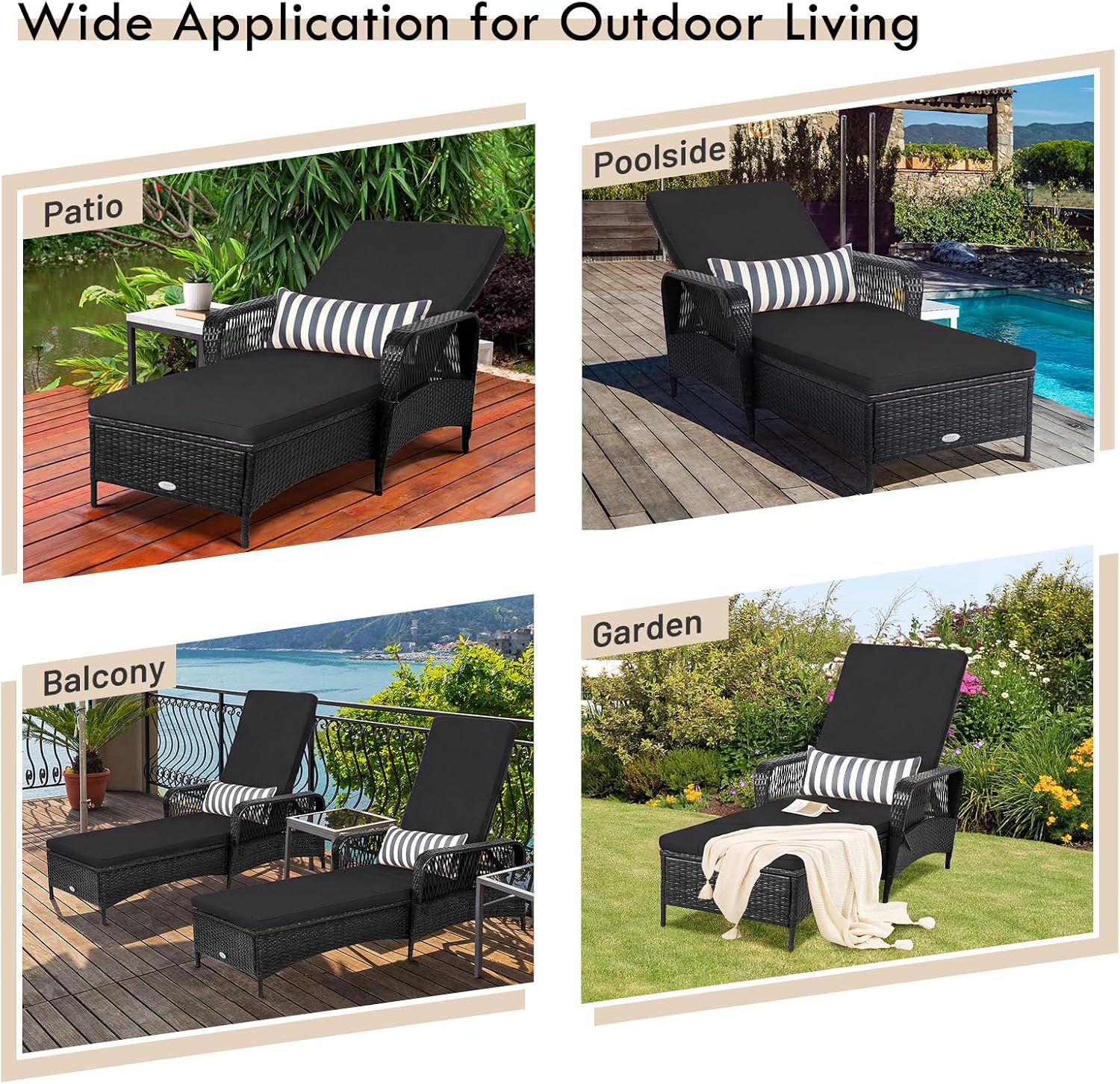 HAPPYGRILL Patio Chaise Lounge, Outdoor Rattan Wicker Recliner Chair with Thick Cushion, Lumbar Pillow, Adjustable Backrest for Garden Porch Lawn Poolside (1)