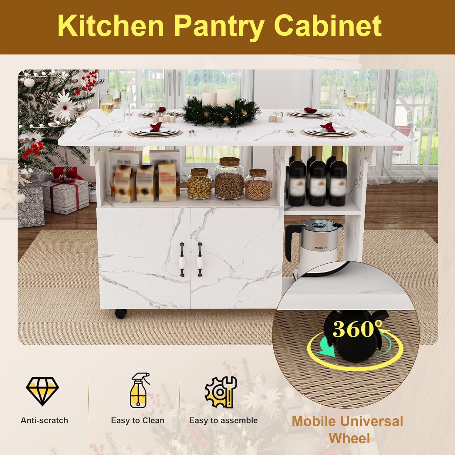 Multi-Functional Folding Dining Table Kitchen Island with Storage Shelves and Wheels, Space Saving Dining Tables Compact Desk for Dining Room, Kitchen, Dorm, Office (White)