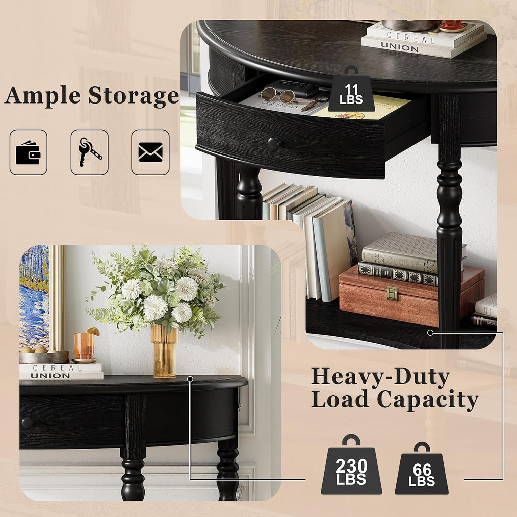 LUMISOL Rustic Console Table with Drawer and Shelf, Half Moon Sofa Table Behind Couch for Living Room, Farmhouse Accent Table for Entryway Hallway Foyer, Black