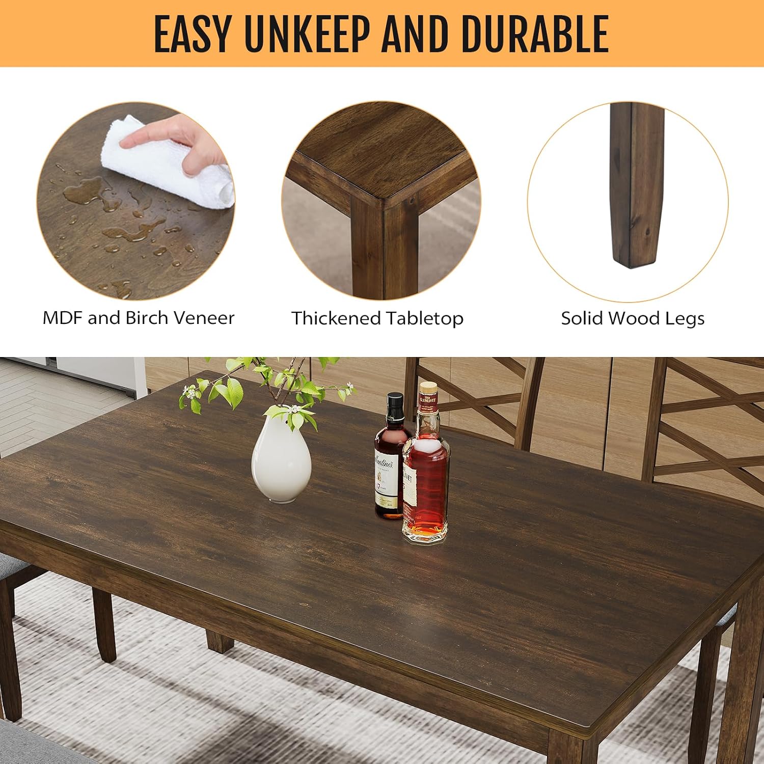 Zevemomo 6-Piece Solid Wood Dining Table Set, Includes 1 Dining Table, 4 Upholstered Chairs and 1 Bench, Wooden Legs Dining Table Set for Dining Room, Kitchen, Restaurant, Walnut