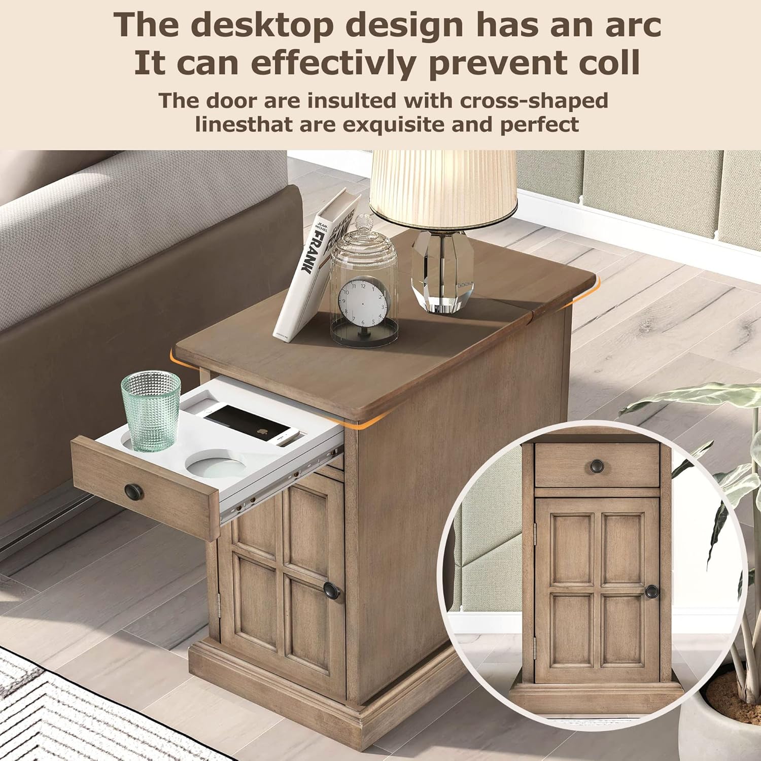 Merax Classic Vintage End Table Side Table with USB Ports & Outlets, One Multifunctional Drawer with Cup Holders, Storage Cabinet for Living Room & Bedroom, Antique Brown