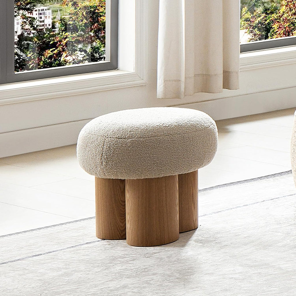 Small Mushroom Foot Stool, Teddy Fabric Ottoman with Non-Skid Legs, Modern Footrest for Under Desk, Sofa Couch, Shoe Changing Bench, Living Room, Bedroom, Office - Beige