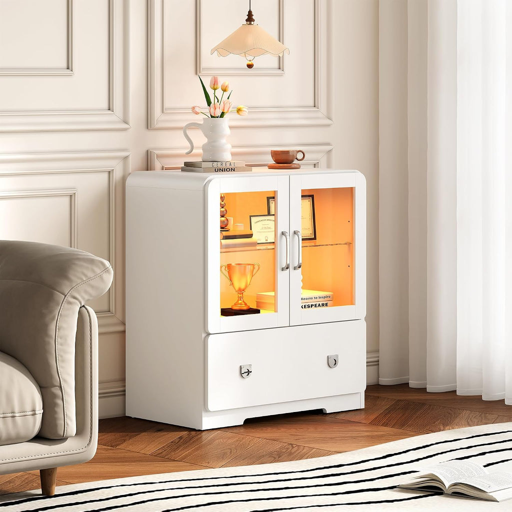 RoyalCraft White Display Cabinet with Acrylic Doors, Tall Curio Cabinet with LED Lights, Modern Storage Cabinet with Drawers & Adjustable Shelves, Ideal for Living Room, Child's Room
