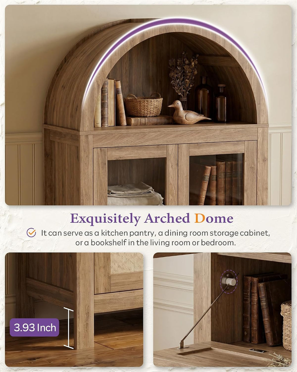 TYBOATLE 71" Tall Arched Pantry Cabinet with Innovative Drawer, Kitchen Cabinet with Anti-Tipping Device and Glass Door, Versatile Cupboard for Kitchen, Dining, Natrual