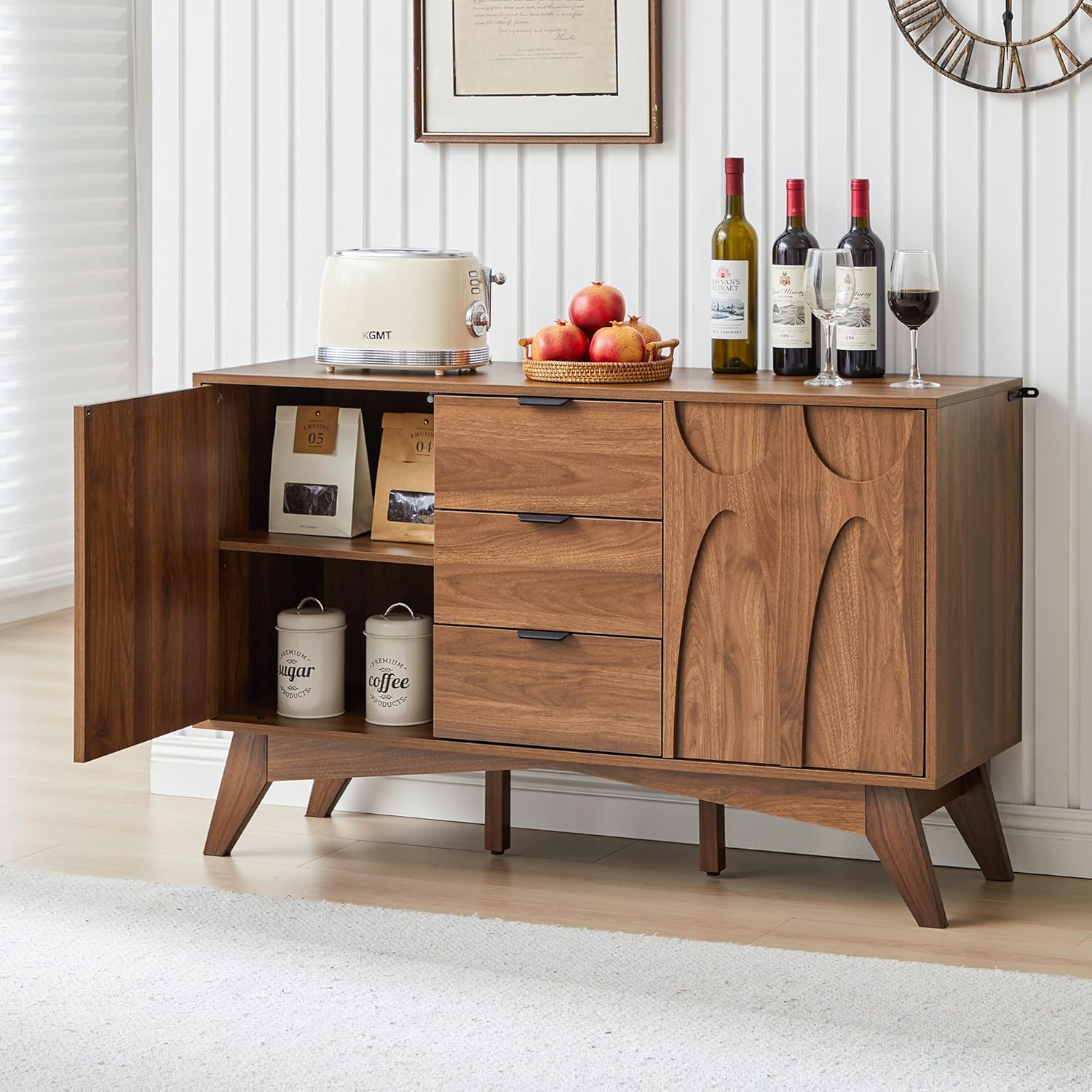 Bifins Buffet Cabinet with Storage, 47.2" Storage Cabinet with 3 Drawers, Large Sideboard with 2 Doors,Mid Century Modern Coffee Bar Cabinets for Living Room, Kitchen