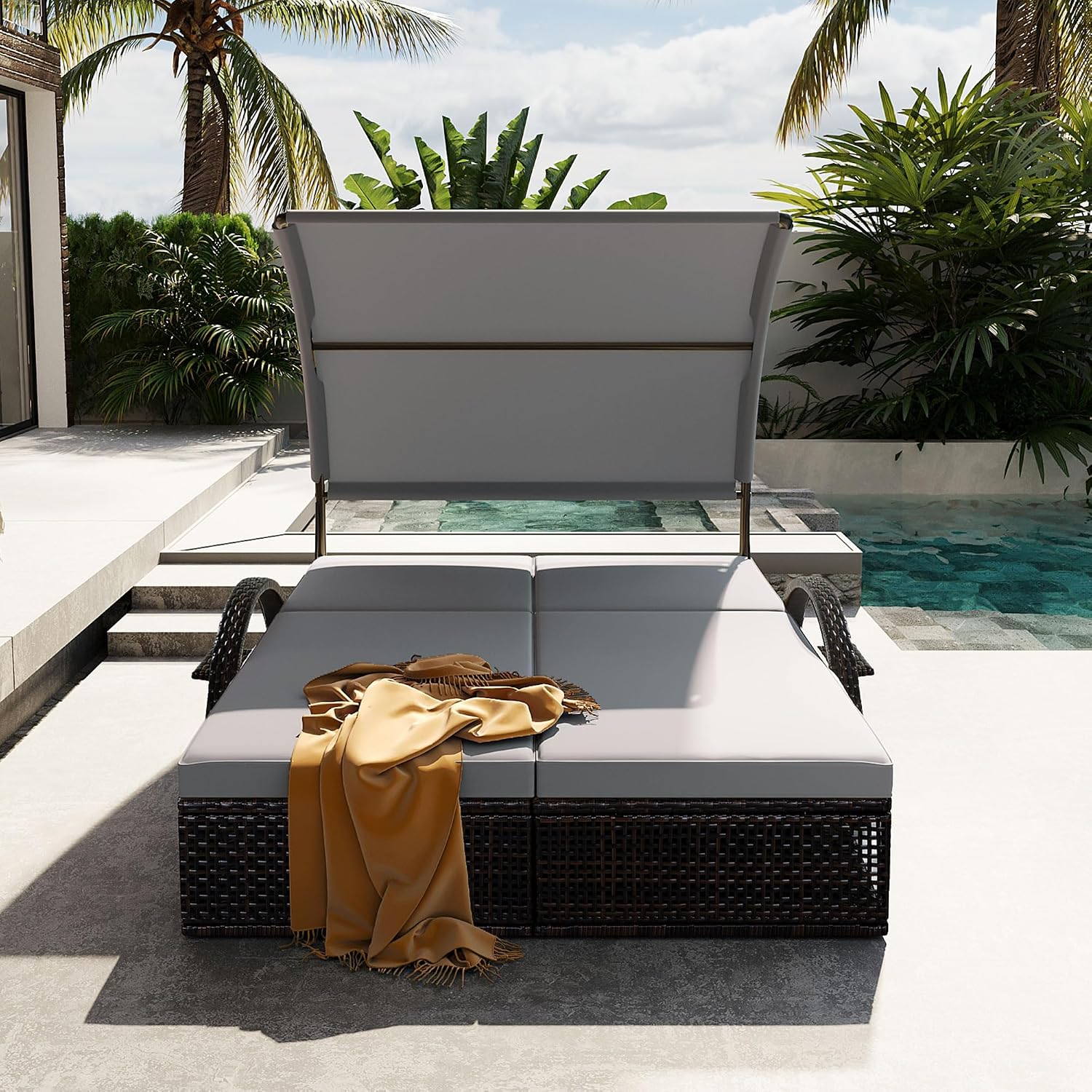 Outdoor Sun Lounger with Adjustable Backrest,Canopy, Patio Double Sunbed with Hidden Side Table and Arched Armrests,Suitable for Pool Deck,Garden,Backyard (Gray+Canopy)