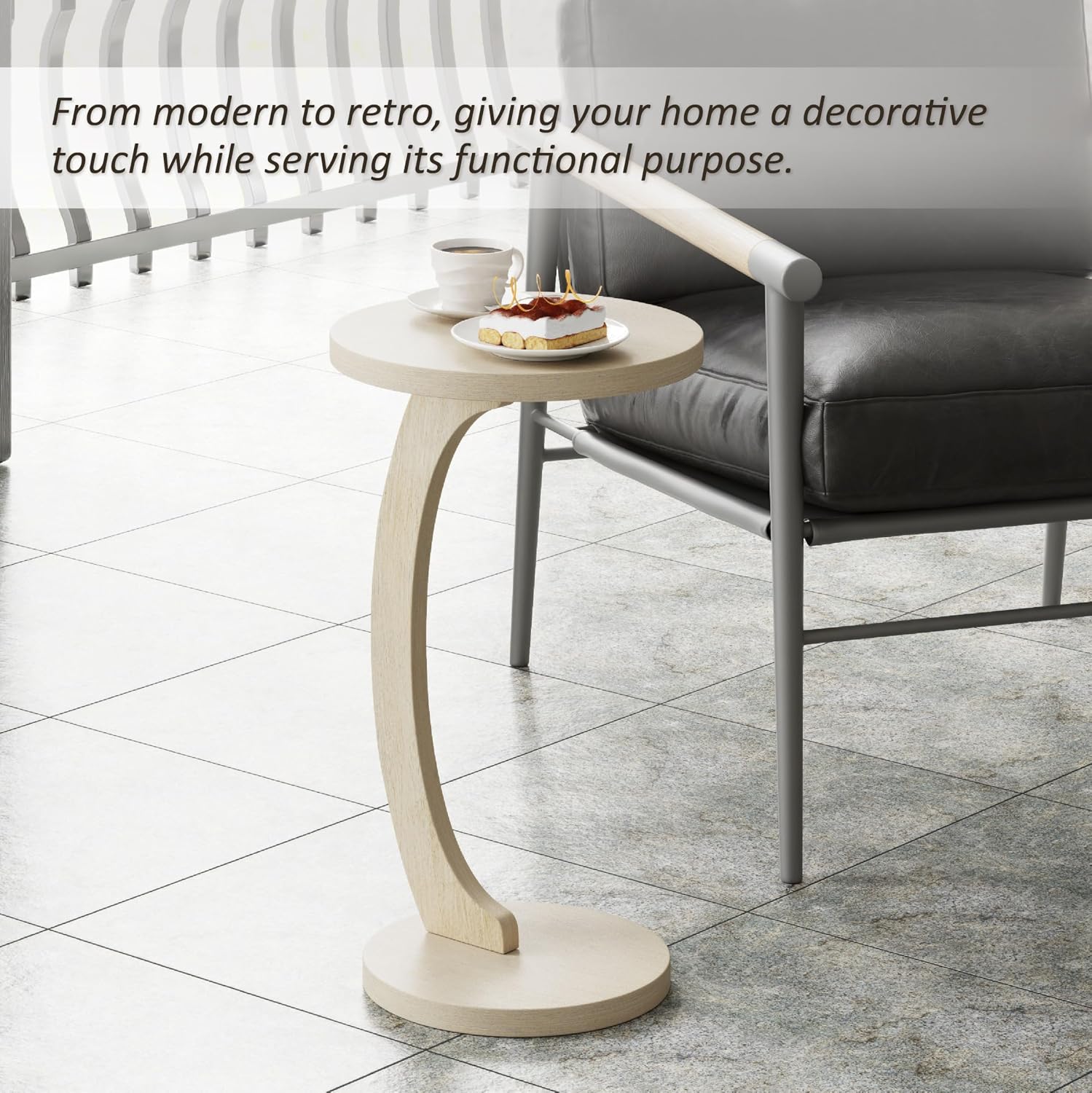 COZAYH C Shaped Round End Table for Couch Small Place, Space Saver Side Table for Sofa, Living Room, Bedside Area, Coffee and Eating Snack Tray, White