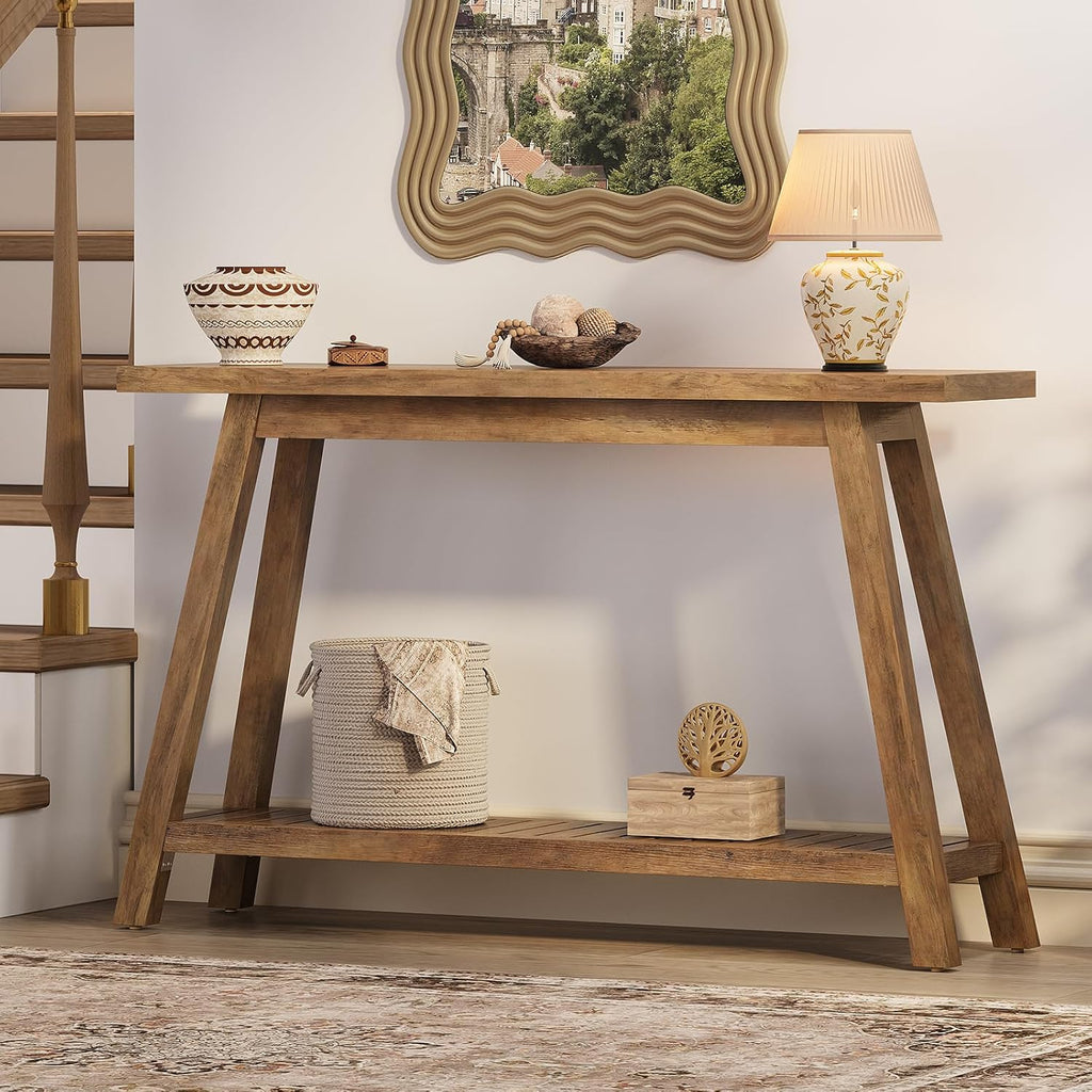 47.2" Farmhouse Entryway Table, 2-Tier Modern Wooden Console Sofa Table with Open Storage, Long Narrow Accent Table for Entrance, Foyer, Hallway, Living Room & Behind Couch (Brown)