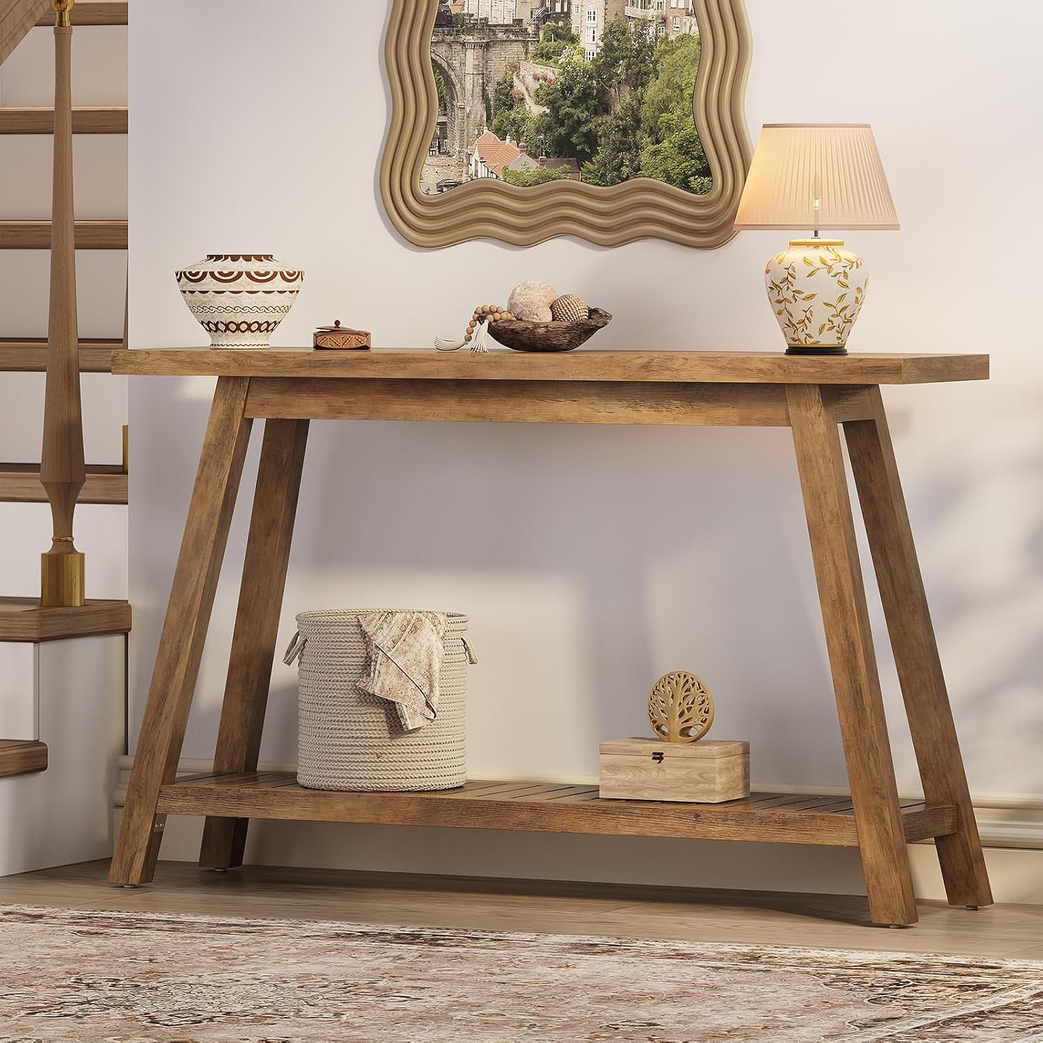 47.2" Farmhouse Entryway Table, 2-Tier Modern Wooden Console Sofa Table with Open Storage, Long Narrow Accent Table for Entrance, Foyer, Hallway, Living Room & Behind Couch (Brown)