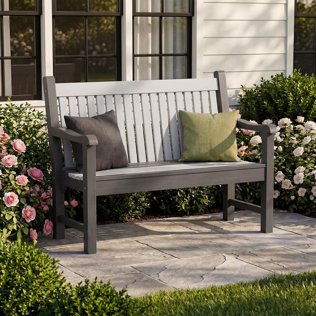 Psilvam Garden Bench, 2-Person Poly Lumber Patio Bench, All-Weather Outdoor Bench that Never Rot and Fade, Memorial Bench, Suit for Garden, Porch and Park (Dark Grey)