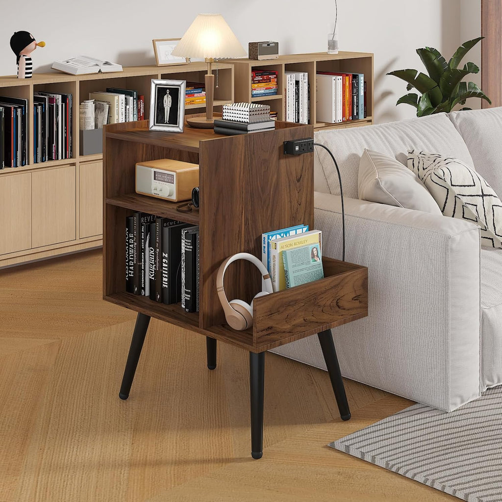 HedoAjim End Table with Charging Station, Narrow Side Table, Nightstand with shelfs, Slim Sofa Side Table, for Small Spaces, Living Room, Bedroom, Drak Walnut