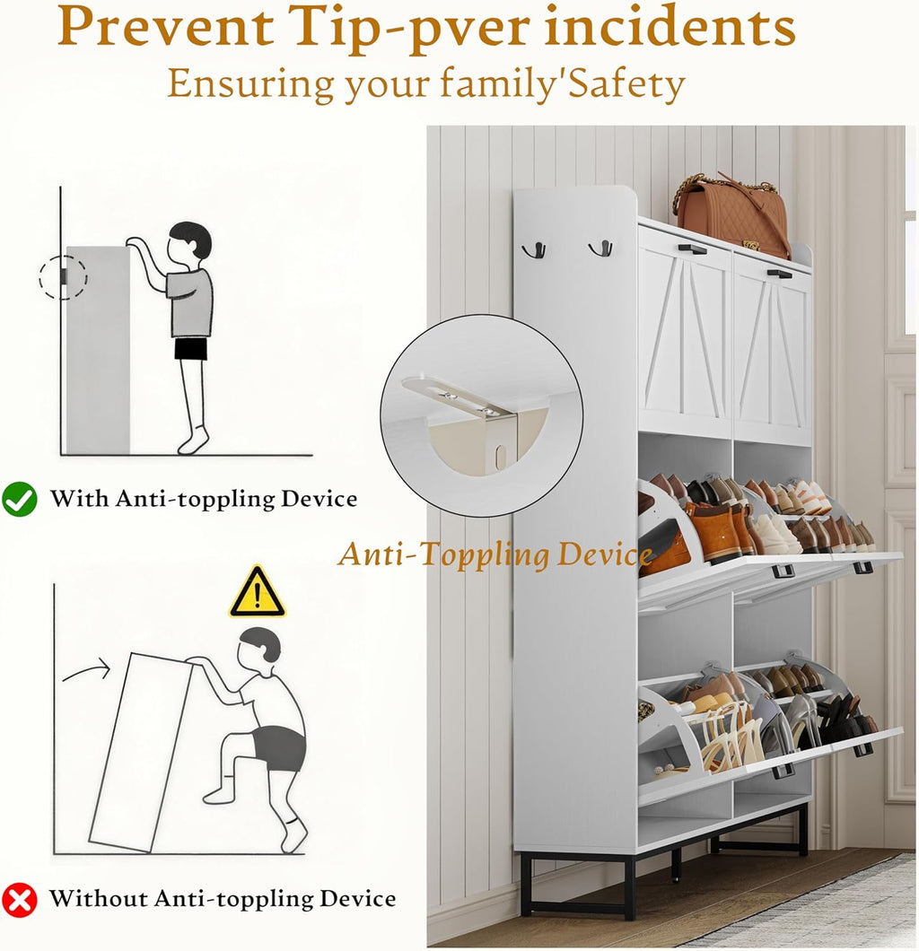 Wodeer Shoe Cabinet Storage for Entryway, Shoe Storage Cabinet with 6 Flip Drawers, Freestanding Narrow Shoe Rack Organizer with Metal Legs, Adjustable Shelves & Open Storage for Foyer, Hallway, White