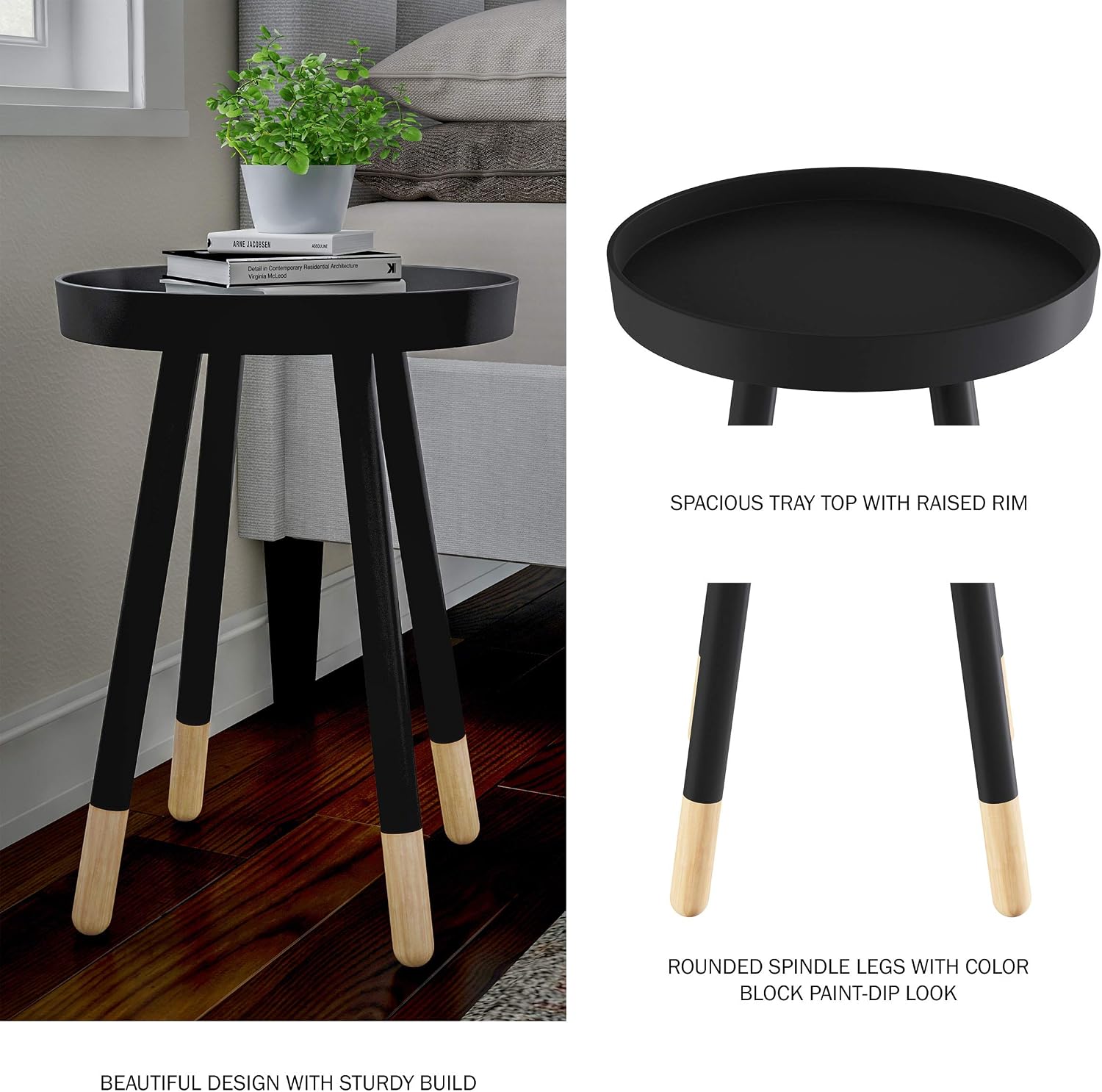 Lavish Home Round End Table Set of 2 – 17 Inch Small Round Side Table Set with Tray Tops and Color-Block Spindle Legs – Wooden Mid Century Modern Living Room Furniture (Black)