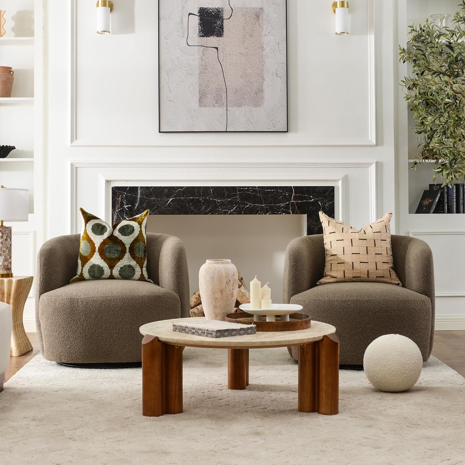 KINWELL 34" Wide Sherpa Swivel Barrel Chairs Set of 2, No Assembly Round Boucle Upholstered Accent Chairs Armchairs Single Sofa Chair with Toss Pillow for Living Room and Bedroom, Teddy Brown