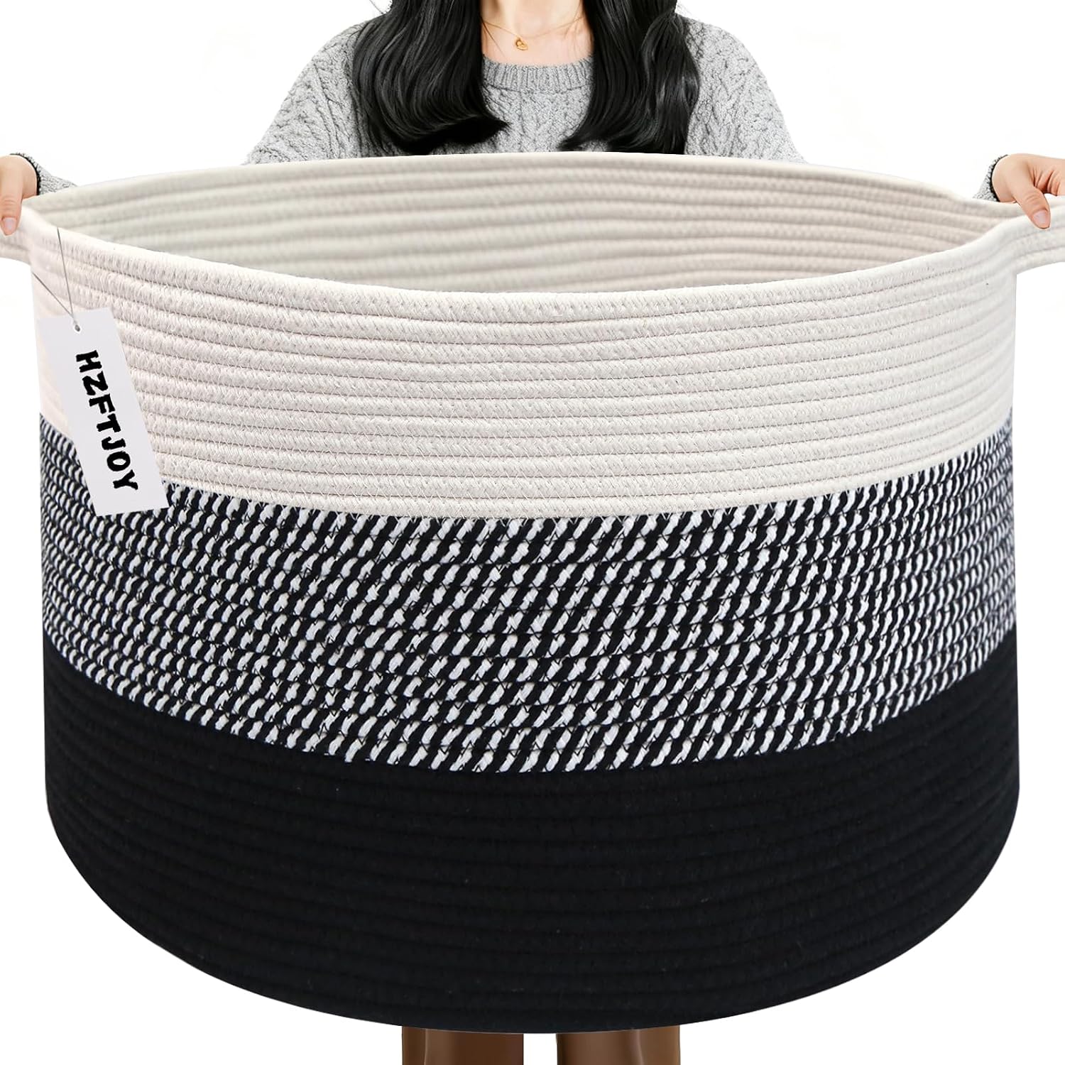 65L Large Blanket Basket,Woven Rope Laundry Basket Hamper with Handles,Decorative Nursery Basket Storage Bin for Toys, Pillows, Clothes Organizer, Living Room, Bedroom, Bathroom, Black