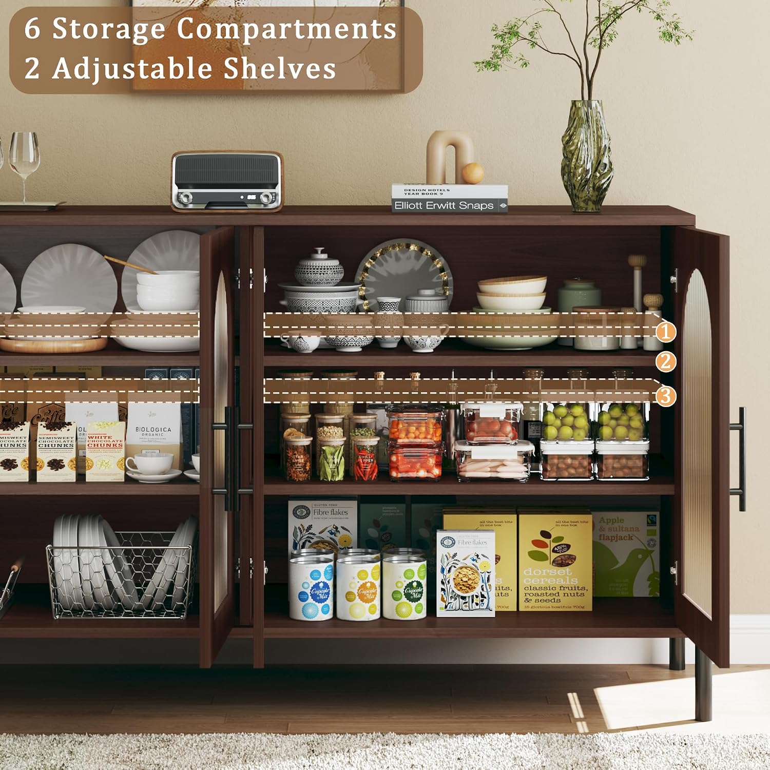 HUAHUU 55" Buffet Cabinet with Storage, Large Sideboard Cabinet with Fluted Doors & Adjustable Shelves, Modern Kitchen Storage Cabinets for Living Room, Entryway, Walnut