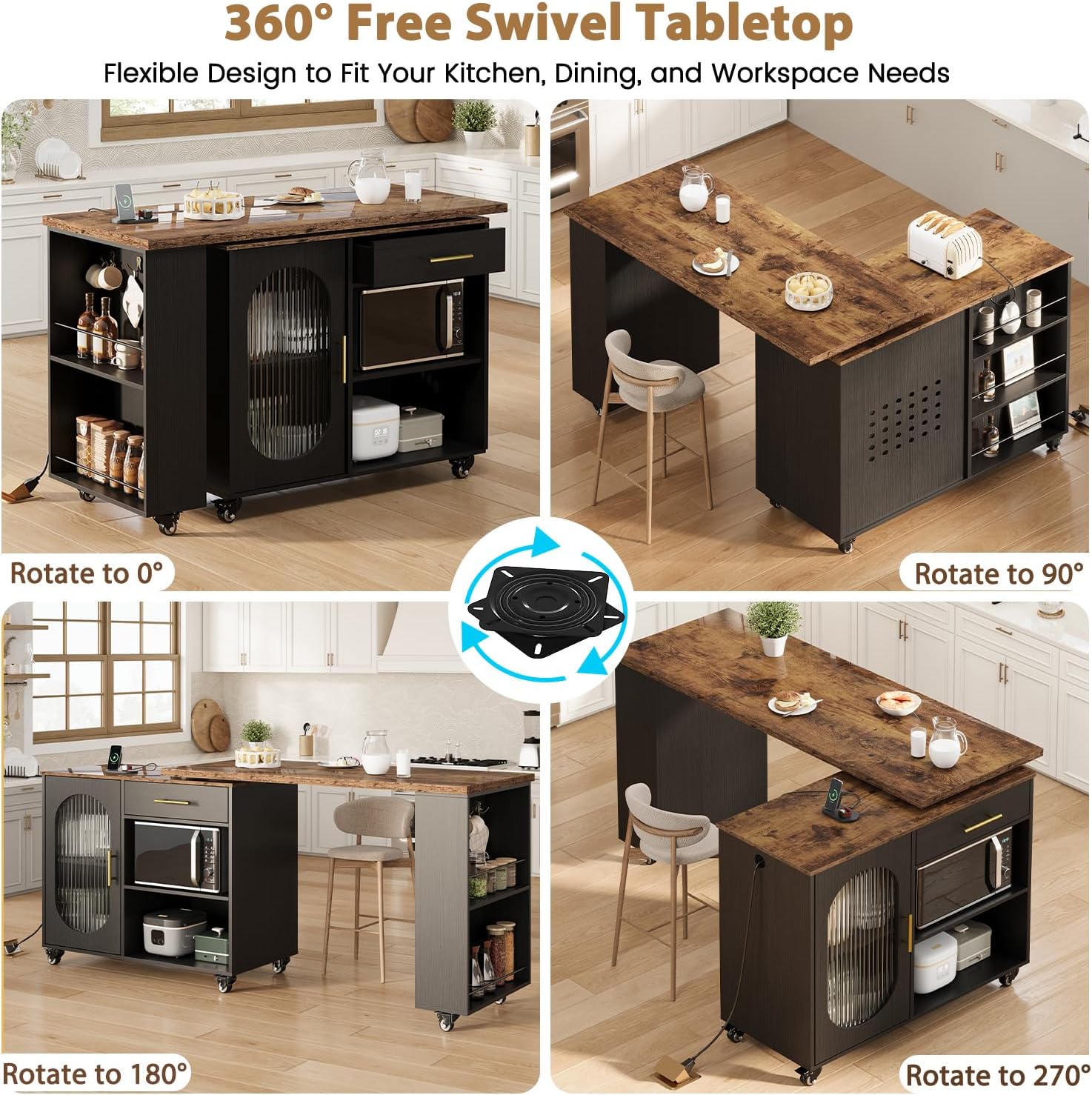 HSH 71” Rolling Kitchen Island with Storage Seating on Wheels, Rustic Brown | Mobile Island Cart With 360° Swivel Tabletop, With Power Outlet, Storage Cabinet, Open Adjustable Shelves Fit In Microwave