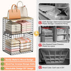 5-Tier Large Stackable Closet Organizer and Storage Basket, Sturdy Closet Shelf Organizer with Wood Top, Stackable Storage Bins Cubes for Clothes with Adjustable Shelf for Wardrobe Organization