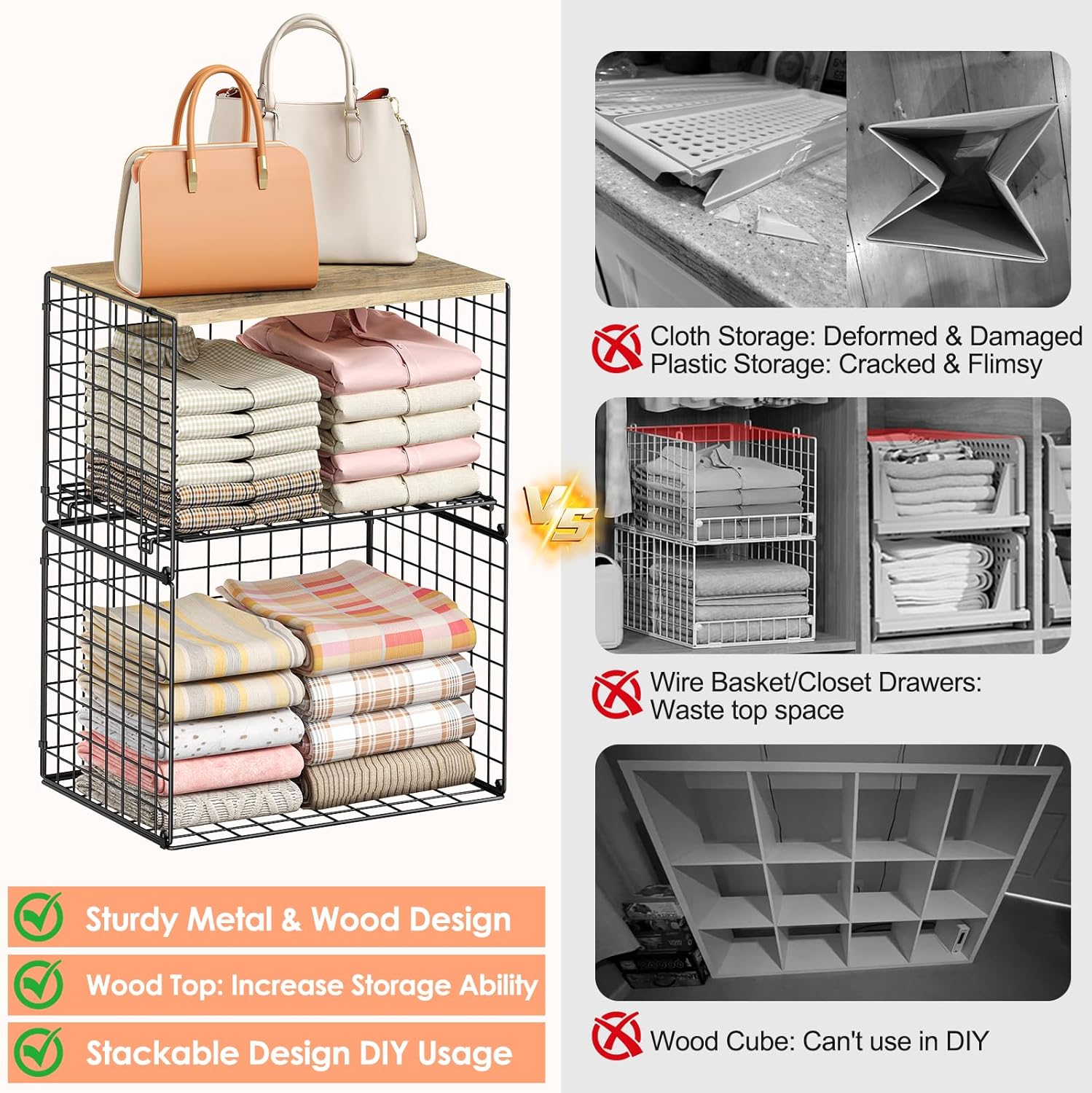 5-Tier Large Stackable Closet Organizer and Storage Basket, Sturdy Closet Shelf Organizer with Wood Top, Stackable Storage Bins Cubes for Clothes with Adjustable Shelf for Wardrobe Organization