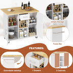 JY QAQA 42" Rolling Kitchen Island Cart with Storage, Drop Leaf Countertop, Drawers & Towel Rack, Mobile Kitchen Table on Wheels for Kitchen Dining Room, White