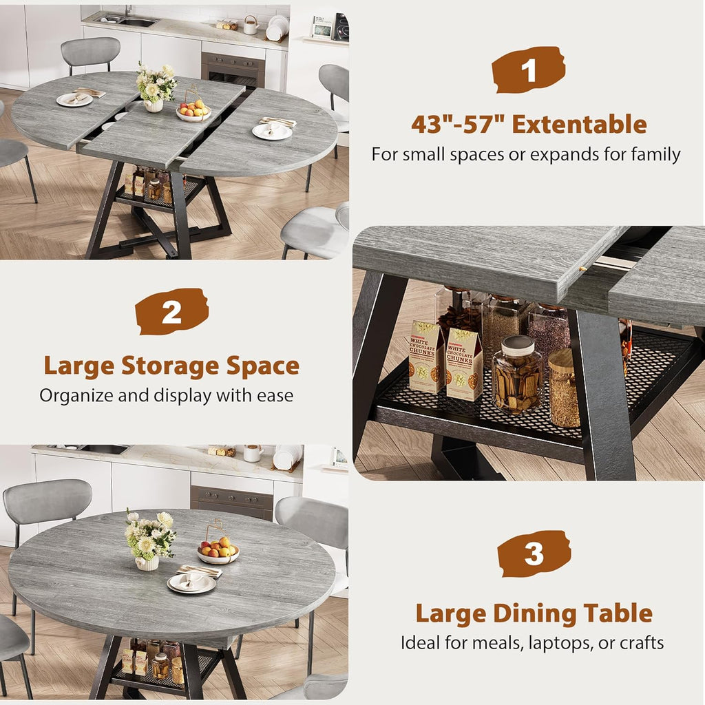 Expandable Kitchen Dining Table for 4-6, Oval Round Dining Table with Storage Shelf and Removable Extension Leaf, Space Saving Pedestal Table for Dining Room, Modern Industrial Style (Grey)