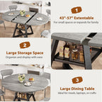 Expandable Kitchen Dining Table for 4-6, Oval Round Dining Table with Storage Shelf and Removable Extension Leaf, Space Saving Pedestal Table for Dining Room, Modern Industrial Style (Grey)