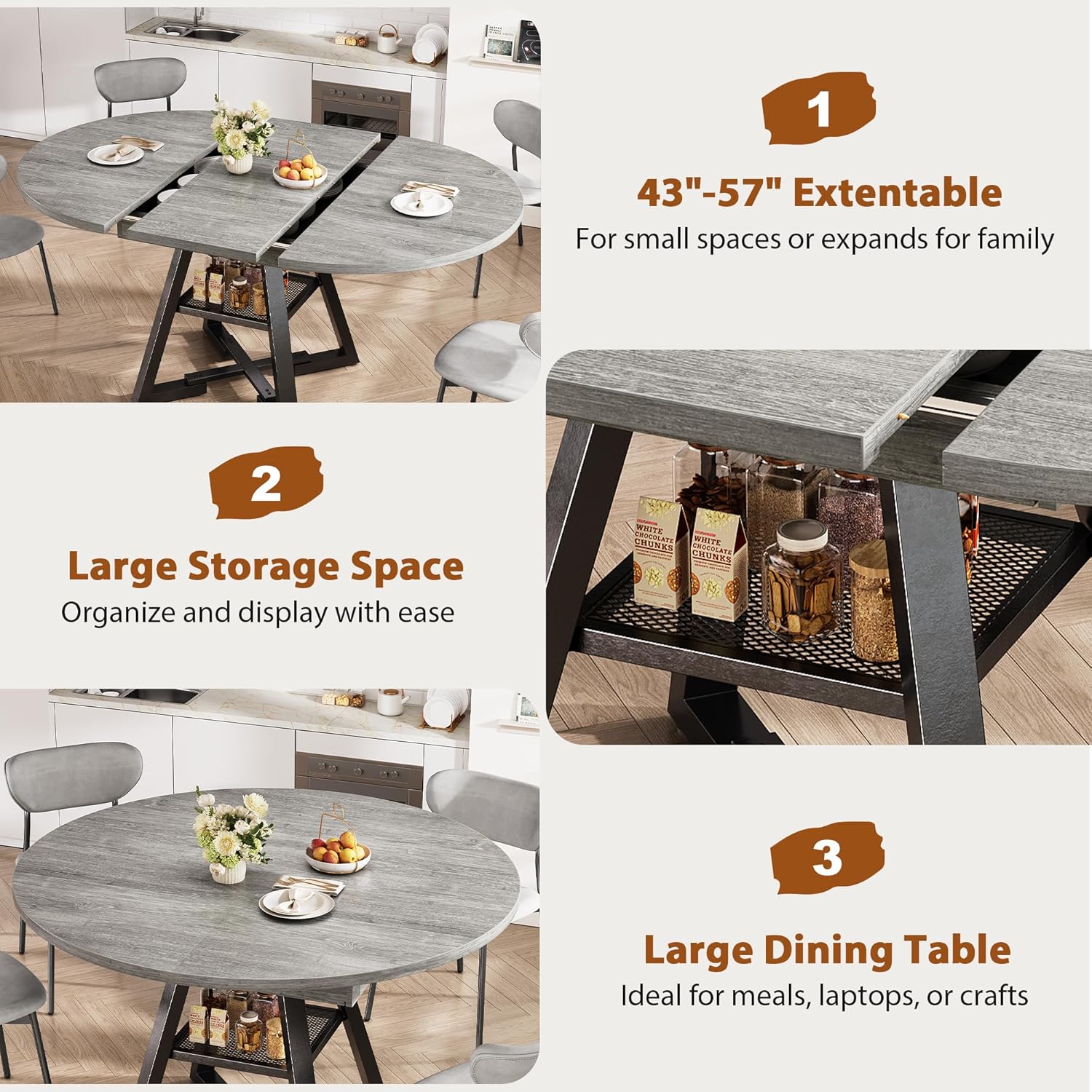 Expandable Kitchen Dining Table for 4-6, Oval Round Dining Table with Storage Shelf and Removable Extension Leaf, Space Saving Pedestal Table for Dining Room, Modern Industrial Style (Grey)