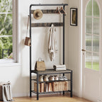 DUMOS 5-in-1 Hall Tree with Coat Rack and Shoe Bench, Industrial Entryway Storage Organizer with Top Hanging Rod, 10 Movable Hooks & Side Hooks, Mudroom Bench with 2-Tier Shoe Rack, Grey