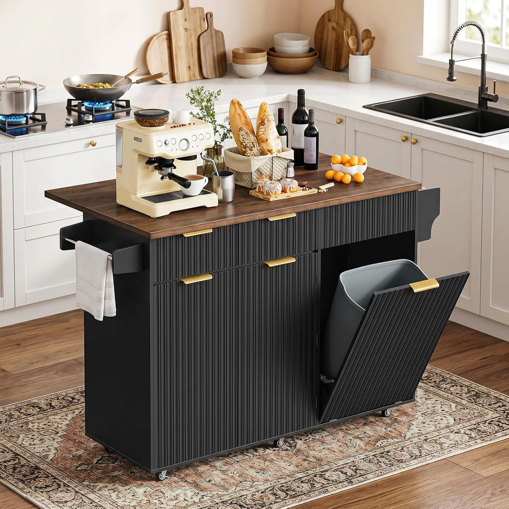 CHOEZON Mobile Kitchen Island with Folding Drop Leaf Countertop, Rolling Kitchen Island Cart with Trash Can Storage, Drawers, Adjustable Shelf, Spice Rack, Towel Bar, for Kitchen, Black and Walnut