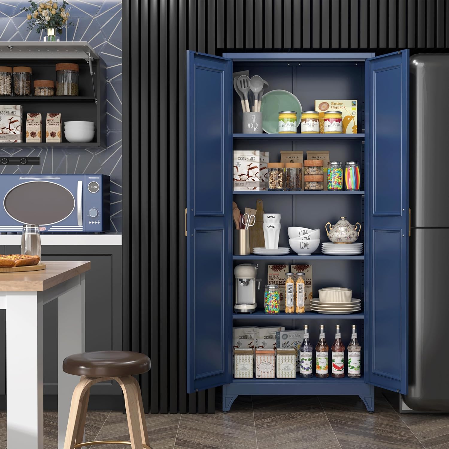 SteeLoong Kitchen Pantry Cabinet,75”Blue Metal Storage Cabinets with Doors and 4 Adjustable Shelves,Kitchen Cabinet with 2 Gold Handles,Tall Cabinet for Livingroom,Pantry, Bathroom