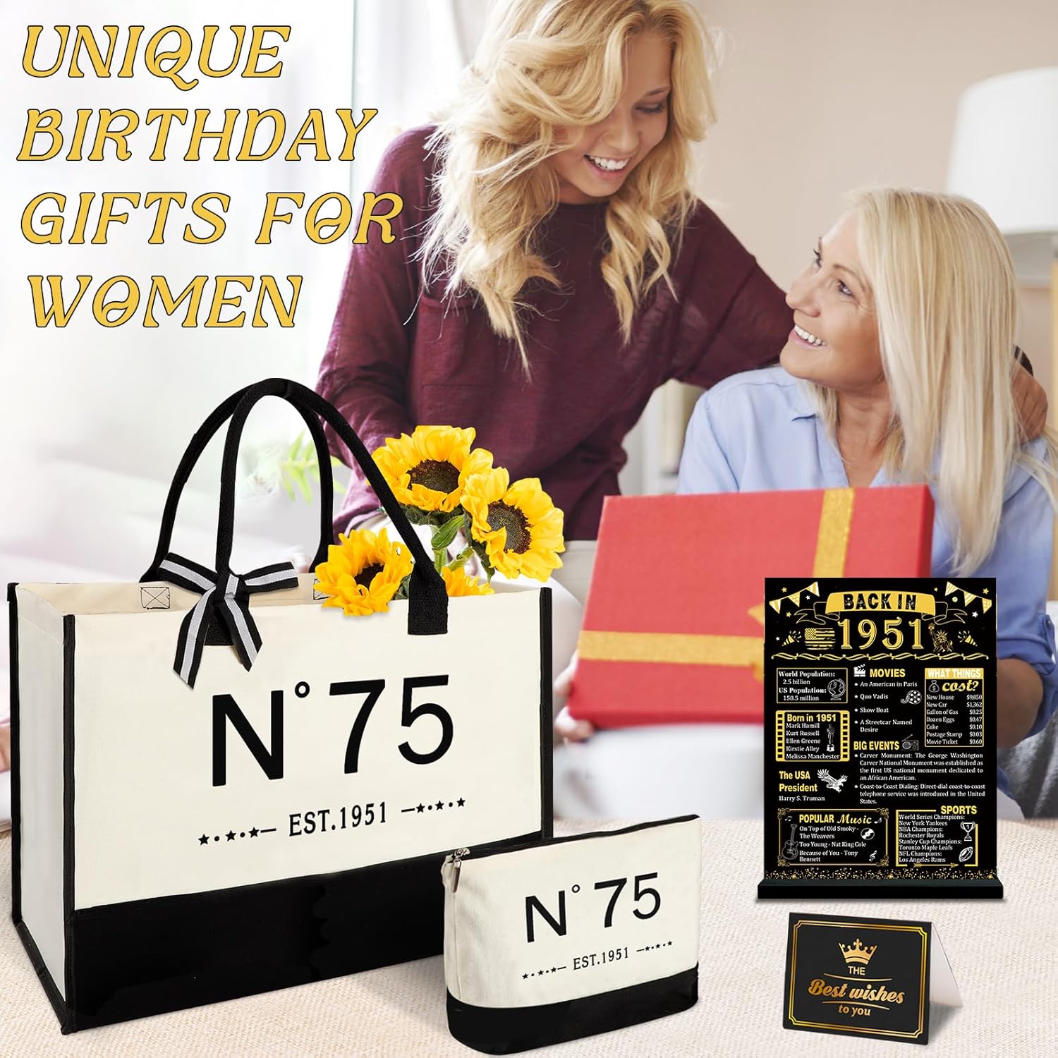 YeohJoy 75th Birthday Gifts for Women Canvas Tote Bag, Unique 75 Years Old Birthday Gifts for Aunt Mom Wife Friends Sister Her, EST.1951 Bag & Makeup Bag & Back in 1951 Poster