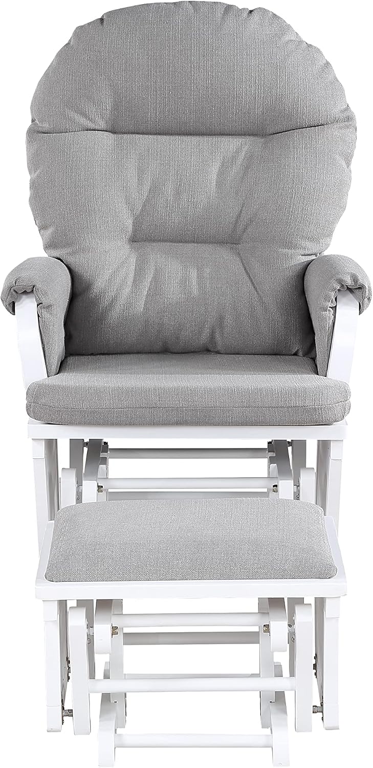 Modern Glider Chair & Ottoman: Solid Wood Frame with Polyester Upholstery - Soft Cushion & Storage Armrests for Kids Room - White/Grey Nursery Rocking Chair Set