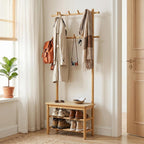 GIANTEX 3-in-1 Hall Tree with Bench and Shoe Storage, 11 Hanging Rods | Bamboo Coat Rack Freestanding w/ PE Rattan Bench & 3-Tier Shoe Rack, Narrow Mudroom Storage Organizer for Entryway Bedroom