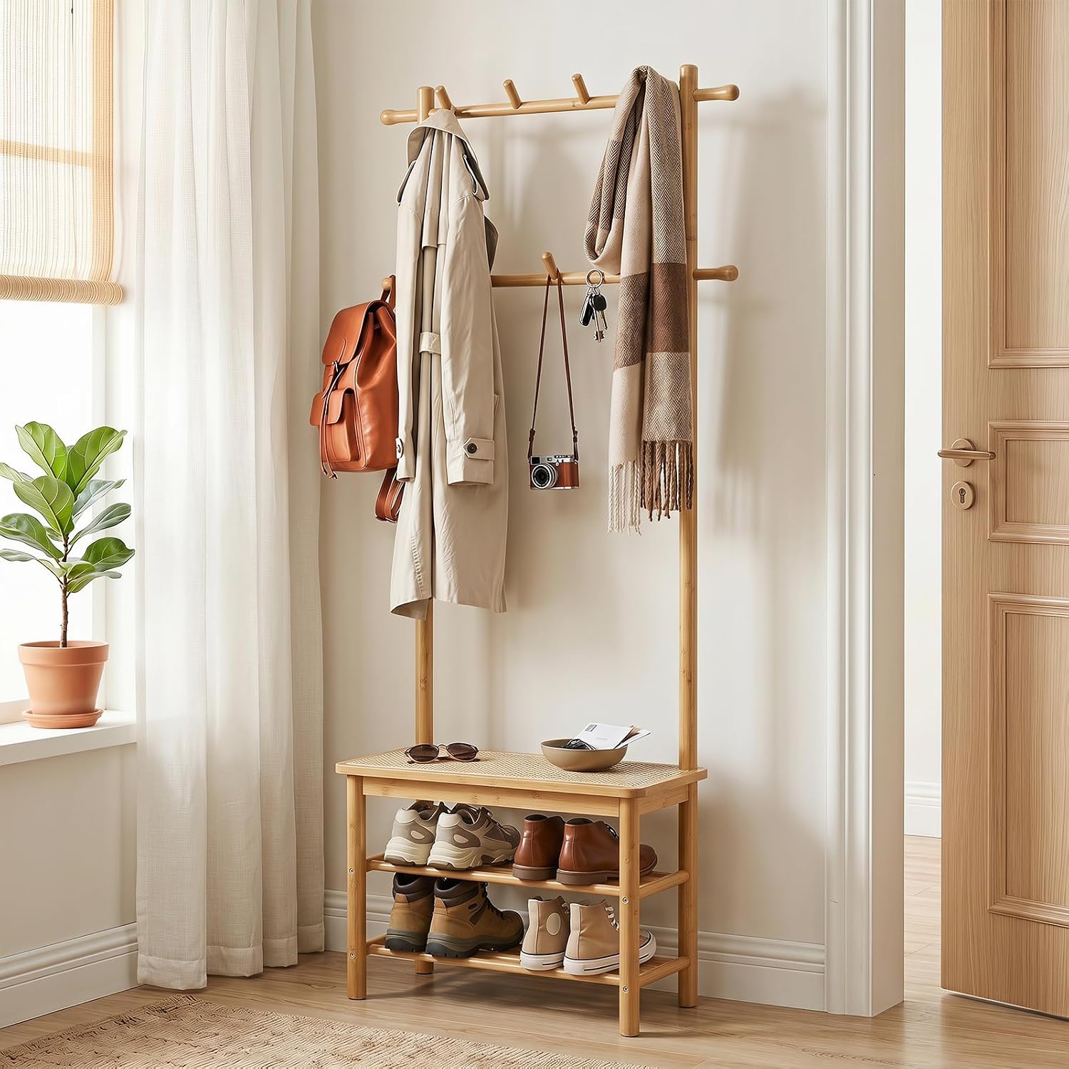 GIANTEX 3-in-1 Hall Tree with Bench and Shoe Storage, 11 Hanging Rods | Bamboo Coat Rack Freestanding w/ PE Rattan Bench & 3-Tier Shoe Rack, Narrow Mudroom Storage Organizer for Entryway Bedroom