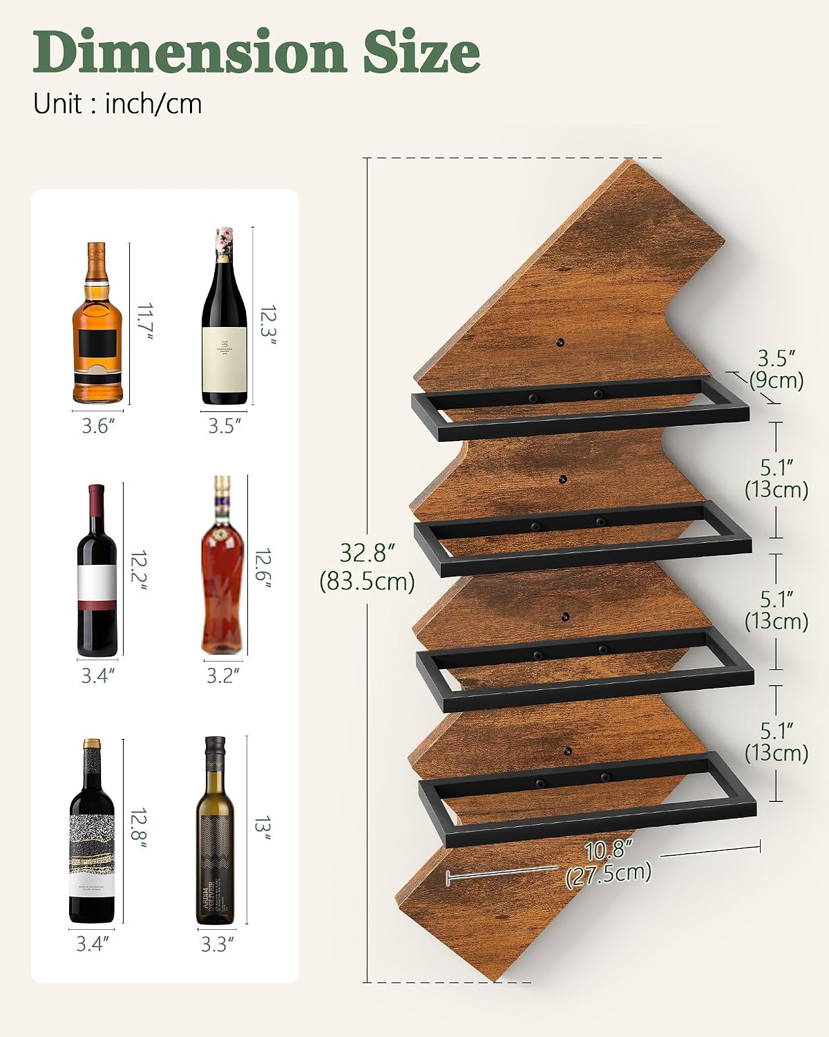 FAVOOSTY Wine Rack Wall Mounted 4 Bottle Pack, Creative Wine Racks Wood and Metal, Lightning Shaped, Home Decorative Storage Wine Rack, Brown