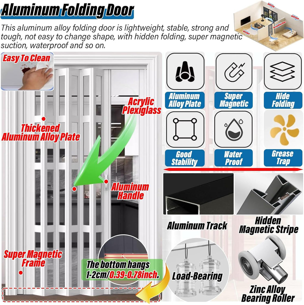 Accordion Folding Door, White Aluminum Alloy Foldable Interior Sliding Door, Room Divider with Top Track for Bathroom Bedroom Kitchen Hallway Doorway