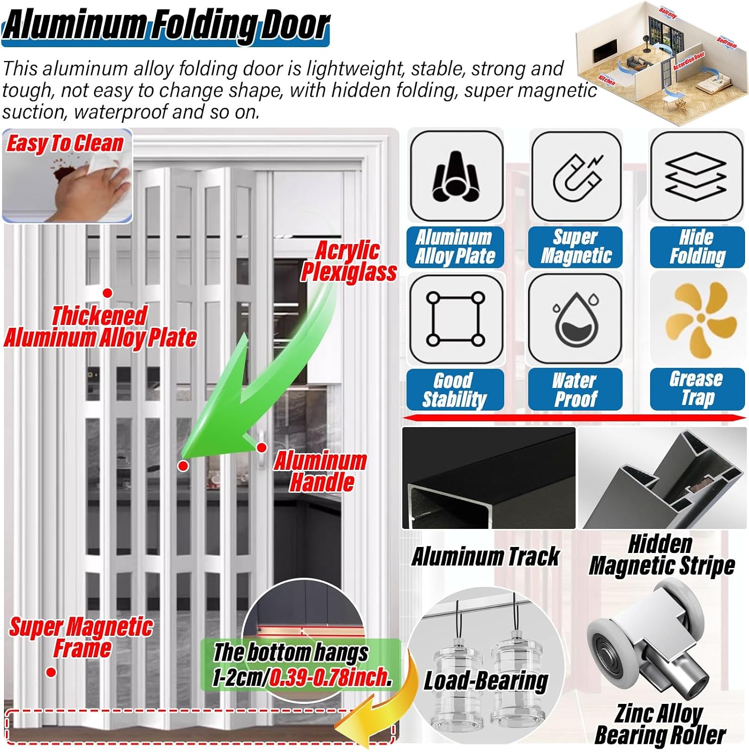 Accordion Folding Door, White Aluminum Alloy Foldable Interior Sliding Door, Room Divider with Top Track for Bathroom Bedroom Kitchen Hallway Doorway