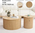 Fluted Round Nesting Coffee Table Set of 2, Mid Century Modern Wood Coffee Table and End Table Set, Minimalist Center Tables Circle Side Table for Living Room, Office(Natural)