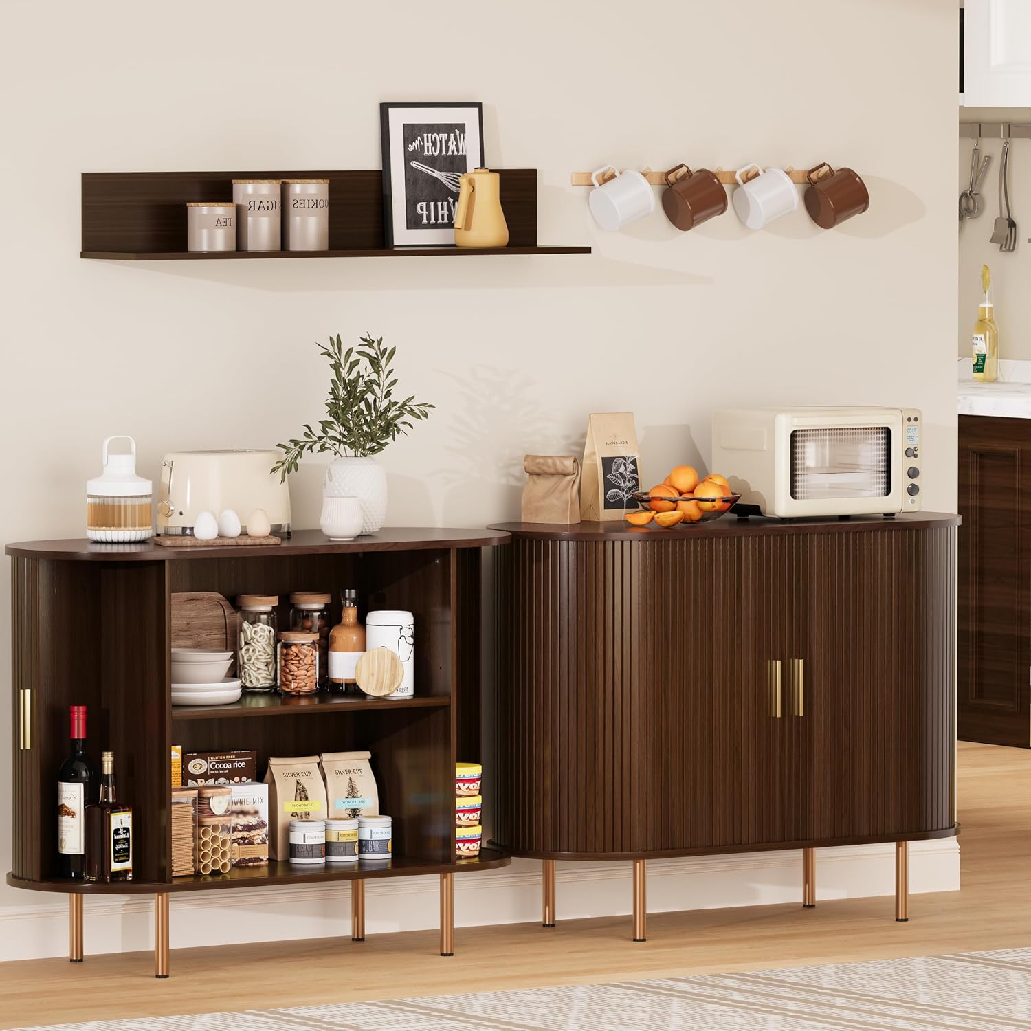 DHH Sideboard Buffet Cabinet with Storage,Mid Century Modern Fluted Accent Coffee Bar Console Table,Tambour Sliding Doors& Adjustable Shelf for Kitchen, Living Room, Entryway(Walnut, 40Inch)