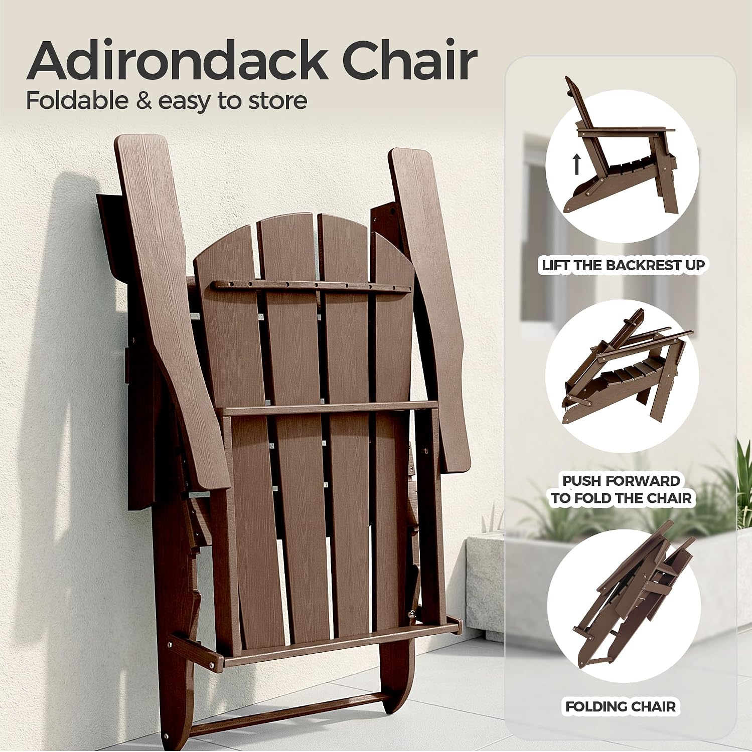 Folding Adirondack Chair Set of 4, Lightweight - Portable HDPE Patio Chair, All-Weather Space-Saving Foldable Fire Pit Seating for Camping, Backyard, Deck-Coffee
